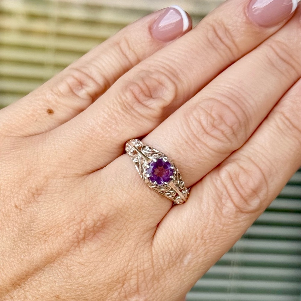 Sterling Silver Amethyst Ring | Vintage-Inspired Filigree | Size 9 | Brand New
